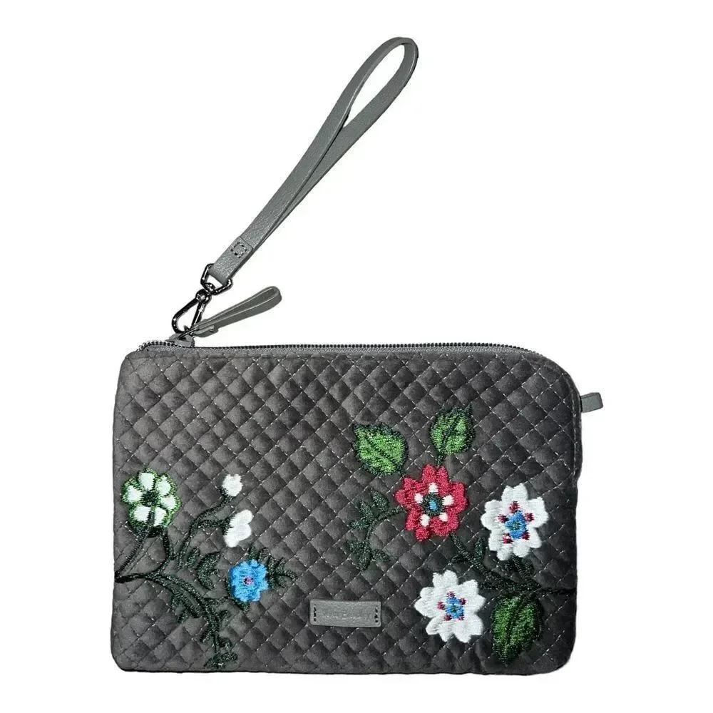 Vera Bradley Wolf Gray Iconic RFID Wristlet Embroidered Floral Velvet NWT